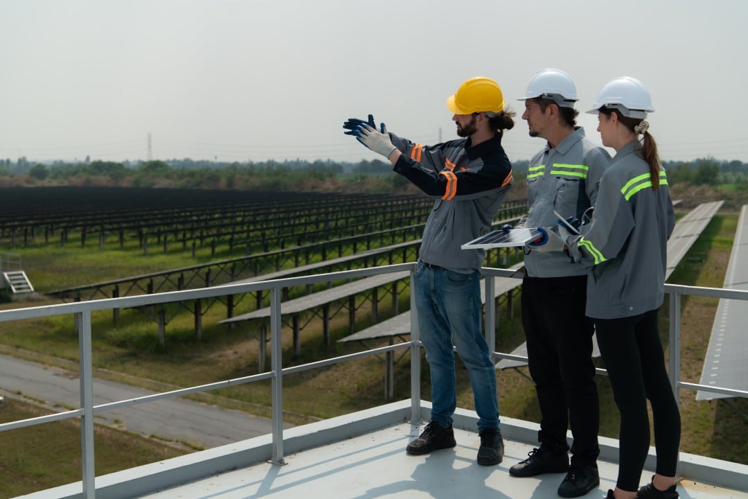 Ingenieros sobre campo de paneles